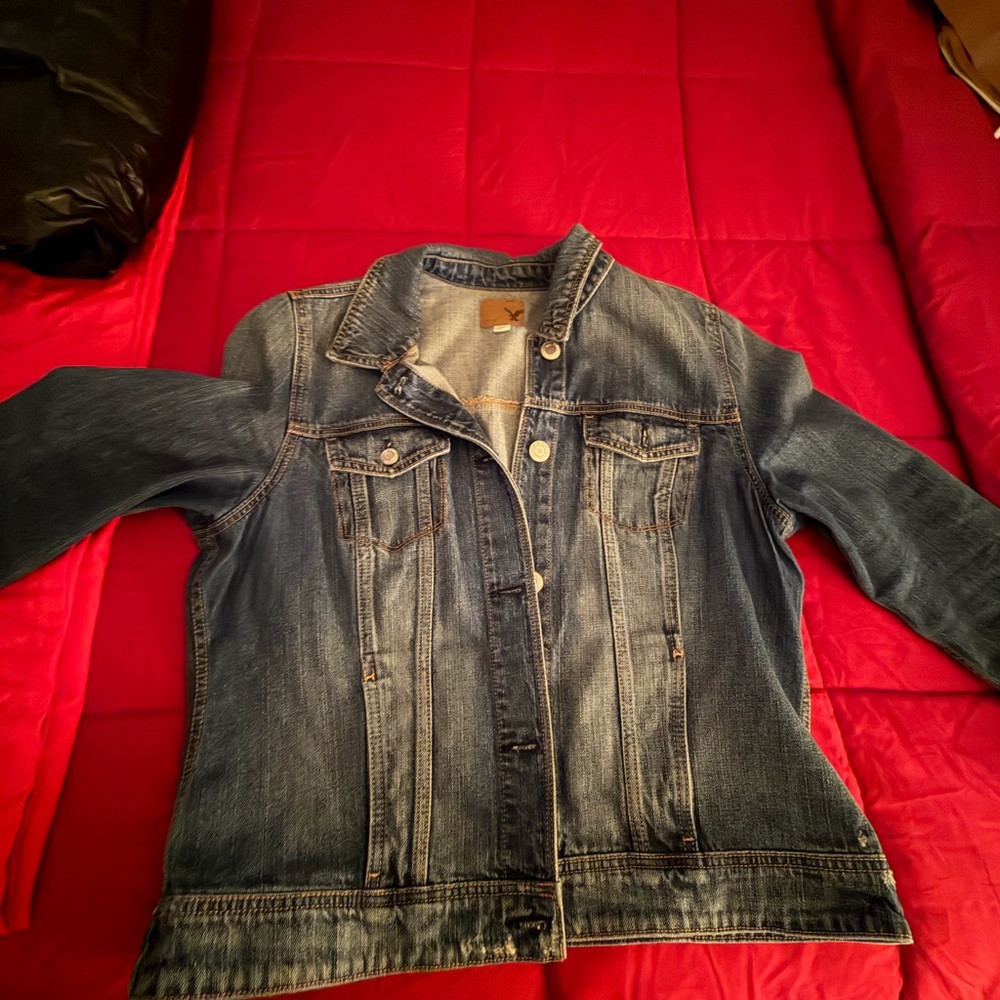 American Eagle Outfitters Dark Blue Denim Jacket with Brown Patch
